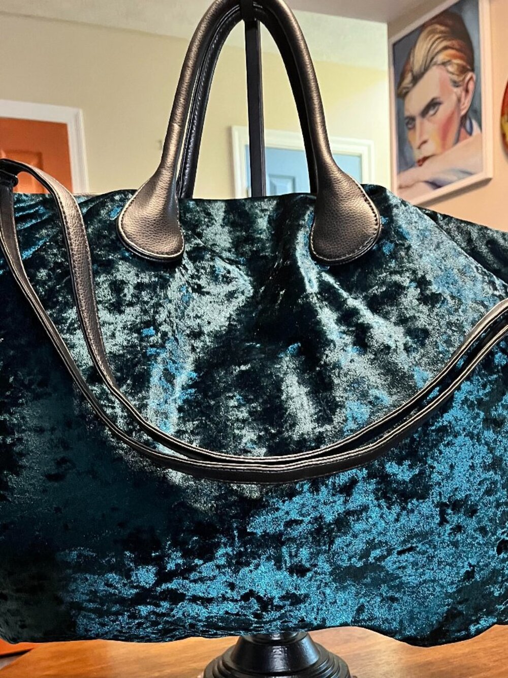 Deux Lux Misha Satchel Greenish-Blue Velvet Large Tote Bag with Detachable Strap
